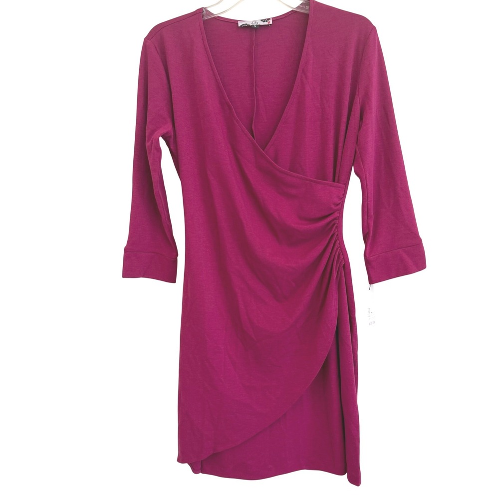 Chic Lily Women Magenta Pink Wrap Mini Dress 3/4 Sleeve Ruched V-Neck‎ Small NWT